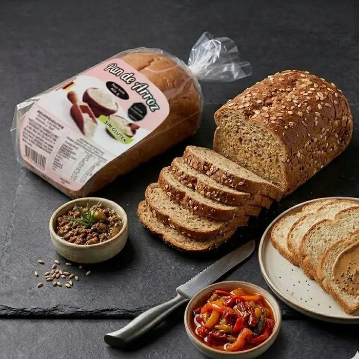 Pan de arroz sin gluten, pan integral en tajadas y salsas sobre una pizarra